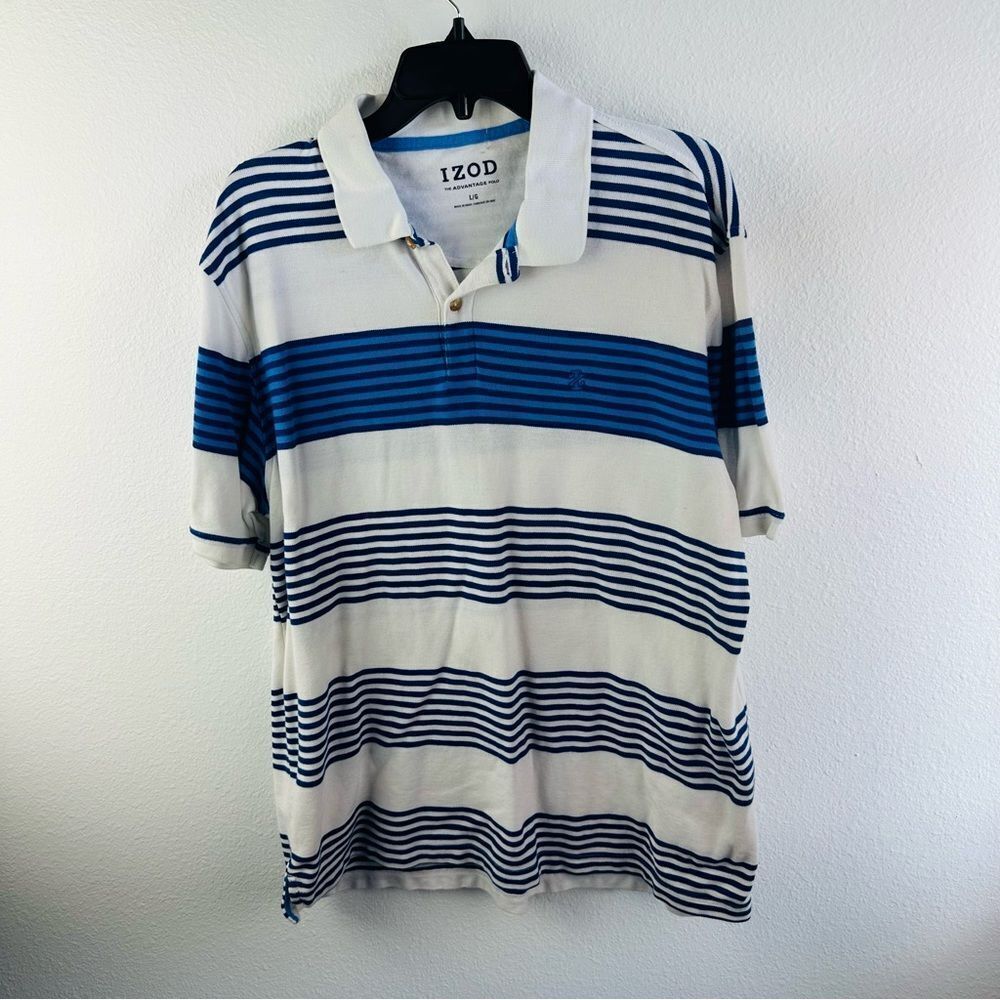 Izod The Advantage Black White Blue Stripe Polo Shirt Men’s‎ Size L